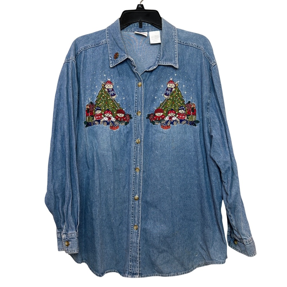 Bobbie Brooks Denim Shirt Women 18W/20W Blue Christmas Teddy Bear Embroidered